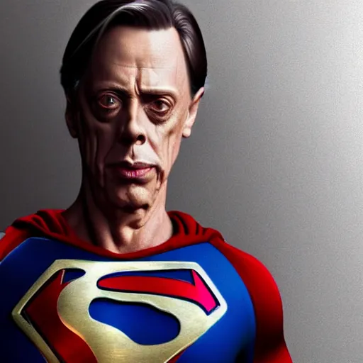 Image similar to hyperrealistic mixed media image of steve buscemi as skinny superman flexing arms, stunning 3 d render inspired art by xiang duan and thomas eakes, perfect facial symmetry, immaculate complexion, realistic, highly detailed attributes and atmosphere, dim volumetric cinematic lighting, 8 k octane detailed render, post - processing, masterpiece,