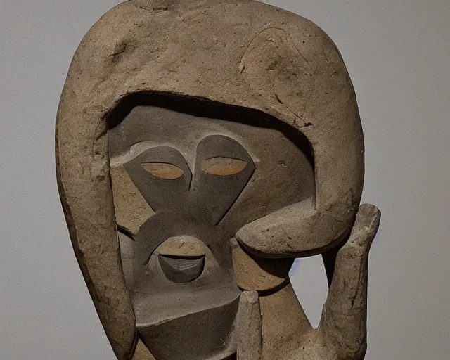 Image similar to an ancient effigy of a half-bird half-man, clay sculpture, cubism, photograph