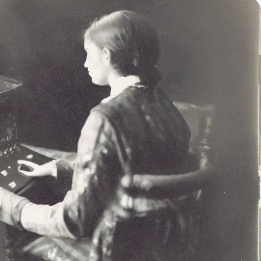 Image similar to a daguerrotype photo of a woman using a game computer, award winning photo