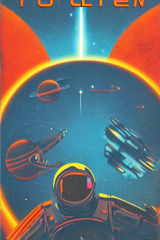 Prompt: vintage sci-fi book cover, depicting a space war, warm azure tones, highlights, laser beams, color bleed, film grain