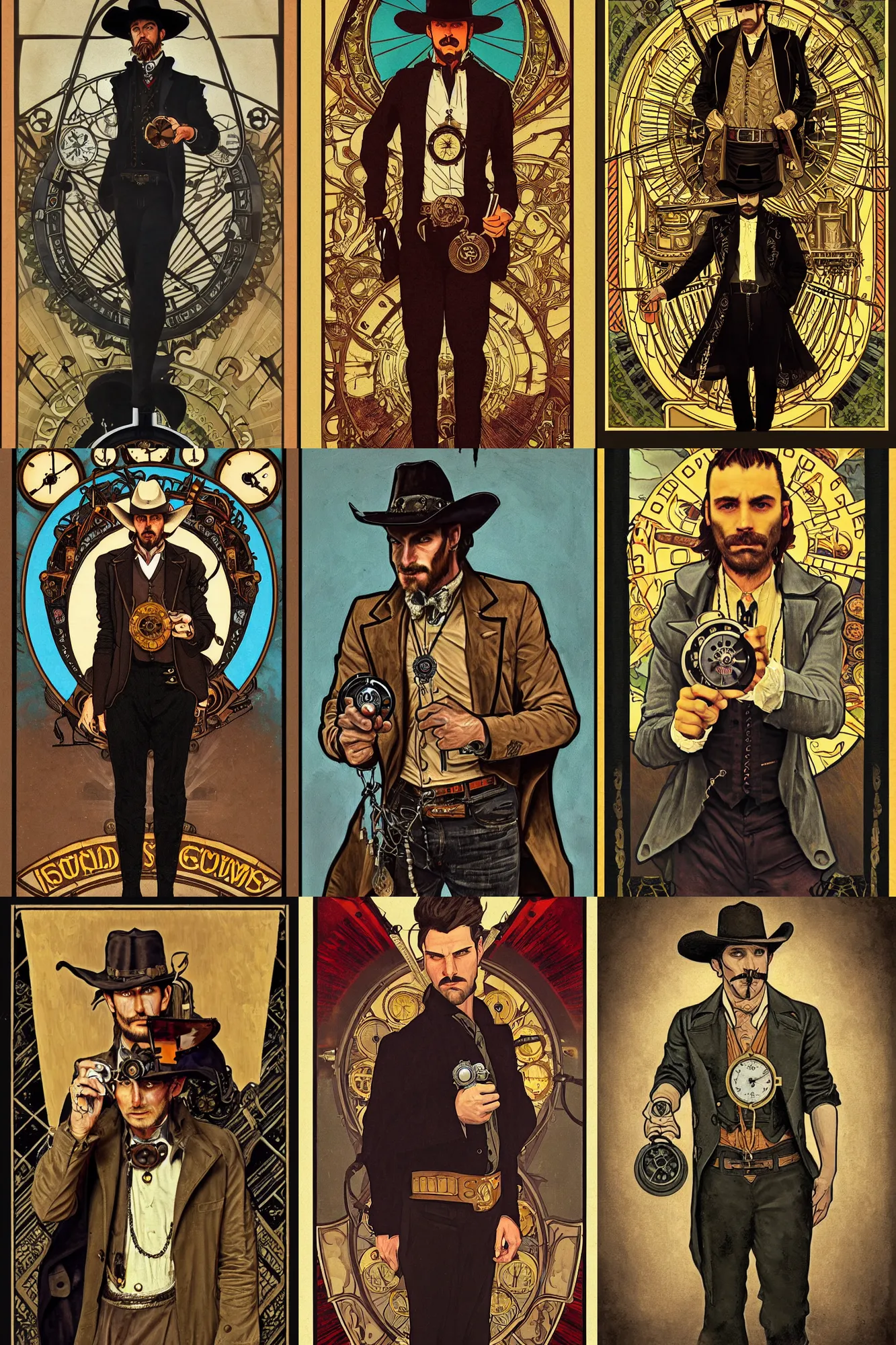 Prompt: a dramatic moody symmetrical painting of a suspicious villainous handsome cowboy holding a pocketwatch | his shirt is unbuttoned | background is a steam train engine locomotive | tarot card, art deco, art nouveau, steampunk | by Alphonse Mucha | trending on artstation