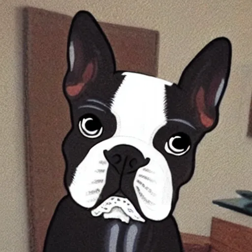 Prompt: big eyed boston terrier dog smoking a marijuana joint logo, death metal