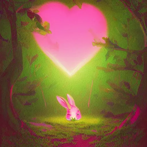Prompt: a painting of a rabbit in the shrubs at night with a pink neon heart above it, a digital painting by Peter Mohrbach and liam wong, behance contest winner, art on instagram, digital painting, retrowave