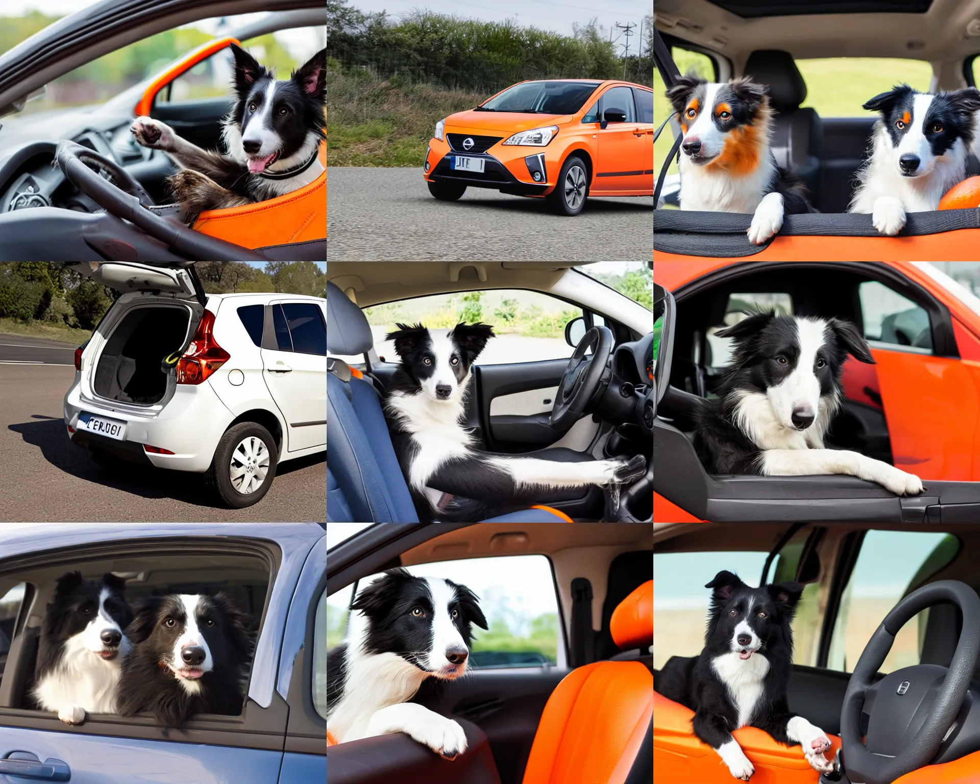 Prompt: border collie dog in the driver's seat of an orange nissan note, paws on wheel, car moving fast