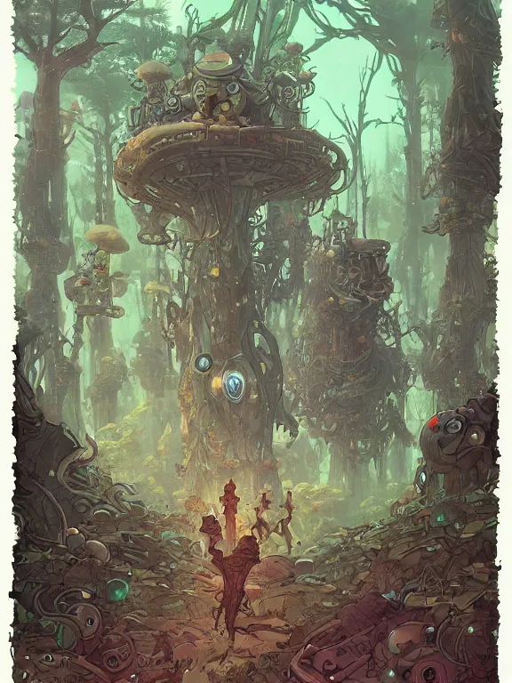Image similar to large broken and abandonned robot un forbidden forest with trees and mushrooms on its head, stylized illustration by peter mohrbacher, moebius, mucha, victo ngai, colorful comics style
