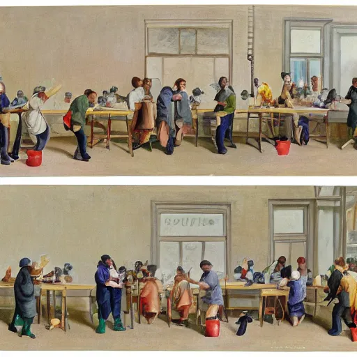 Image similar to painting of scientists comparing different kinds of fruit,