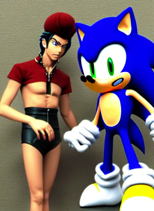 Image similar to sonic the hedgehog and jotaro kujo from jojo's bizarre adventure hanging out, photorealistic