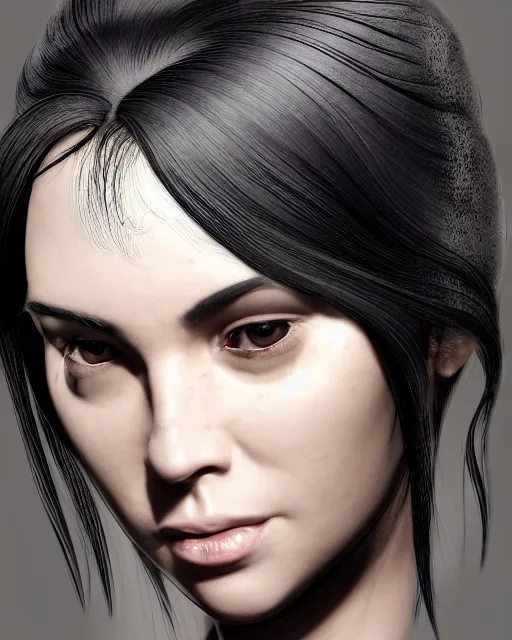 Prompt: portrait of a tall 4 0 - year - old woman with thin lips, long, lush black hair gathered on the head bun, and thick eyebrows, wearing in black clothes, aristocratic appearance, hyper realistic face, beautiful eyes, character art, art by mark brooks, hyperdetailed, cryengine, trending on artstation, digital art