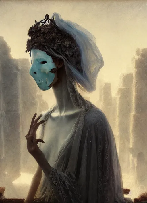 Image similar to close up of a veiled half scull mask girl on the ruins temple, looking at the camera very curiously, smog on the floor, extremely beautiful and aesthetic and attractive and cute detailed face and body, chiaroscuro, model pose, fantasy illustrations, by makoto shinkai and jeremy lipking and ferdinand knab