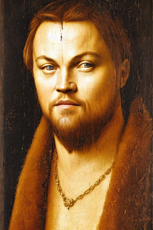 Image similar to 1 4 0 0 s renaissance portrait of leonardo dicaprio oil painting by jan van eyck, northern renaissance art, oil on canvas, wet - on - wet technique, realistic, expressive emotions, intricate textures, illusionistic detail