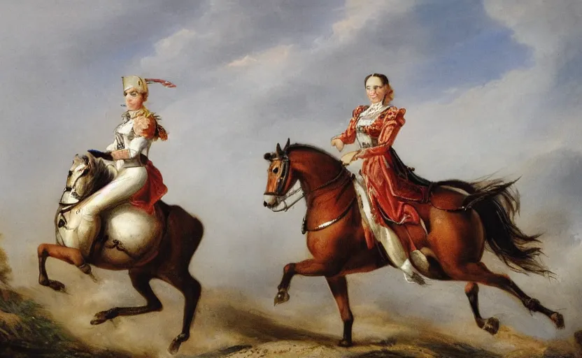 Prompt: woman in napoleonic dress standing on the back of a galloping horse on a battlefield