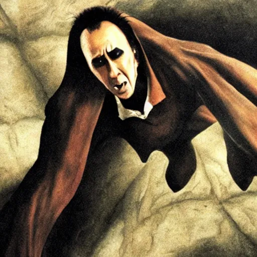 Image similar to Nic Cage fighting Nosferatu, Samson Pollen