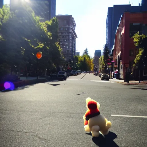 Image similar to yoshi walking down the streets of seattle, sunlight, sunny day, full shot