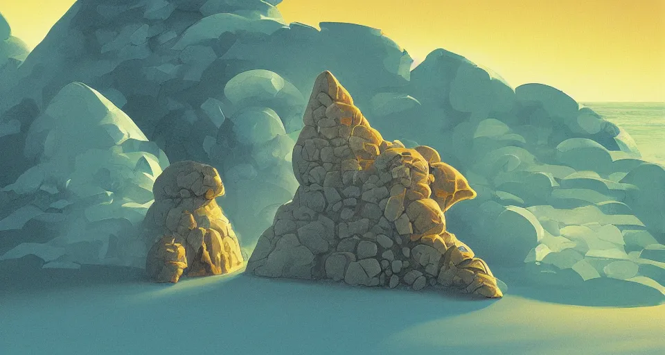 Prompt: digital painting of a tiny sacred spiral, procedural seashell house architecture on top of a rock, by roger dean, syd mead, cell shaded graphics, concept art, minimalist, golden ratio