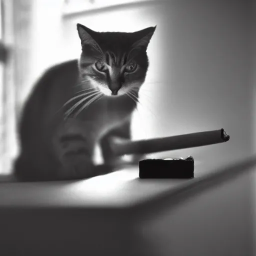 Prompt: cat smoking a cigar, photography, dimly lit