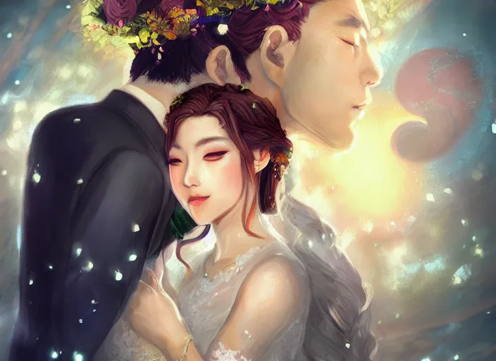 Prompt: a cinematic portrait of wedding photograph jpeg close up moment of a divine a japan sun god and moon goddess lovers magician at a wedding banquet. portraiture. digital painting. artstation. concept art. wedding photo. digital painting. iolet evergarden art masterpiece by art by krenz cushart