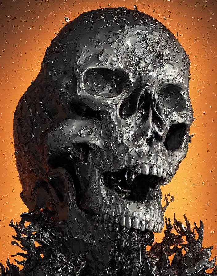 Image similar to portrait of a melting skull. intricate abstract. sharp teeth. delicate artwork. by Tooth Wu, wlop, beeple, dan mumford. octane render, trending on artstation, greg rutkowski very coherent symmetrical artwork. cinematic, hyper realism, high detail, octane render, 8k, depth of field, bokeh. chrome accents.