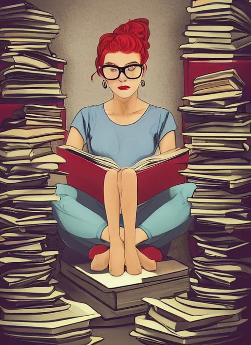 Prompt: a young woman with red hair in a bun and glasses sits cross legged on top of a tall pile of books. she is reading. clean pretty cartoon painting, beautiful detailed face.