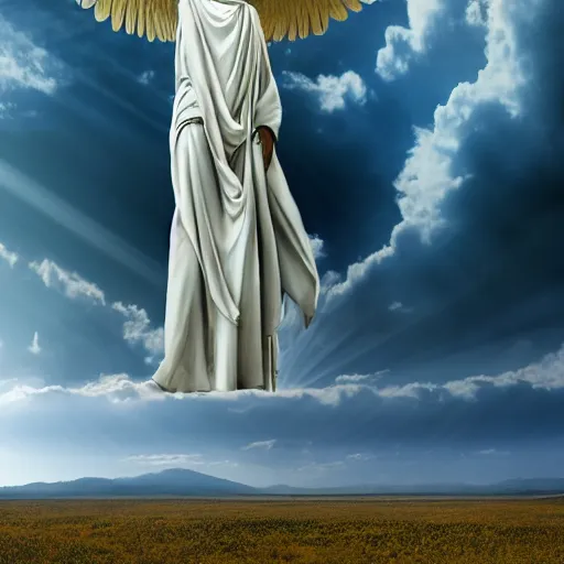 Image similar to gigantic biblical depiction of an angel towering over a vast landscape, cinematic, realistic, geometric body, photorealistic, detailed, white body, global illumination, volumetric lighting, 8 k, god rays, beautiful, majestic clouds