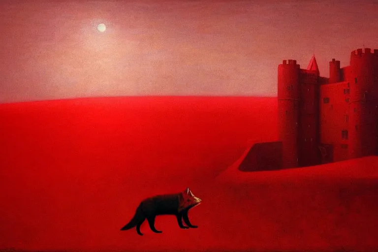 Image similar to only with red, in a red dream world, a crimson tiger, a big deal, a red fox, a castle in the background, in the style of beksinski, part by hopper, part by rodcenko, part by hofbauer, intricate composition, red by caravaggio, insanely quality, highly detailed, masterpiece, red light, artstation