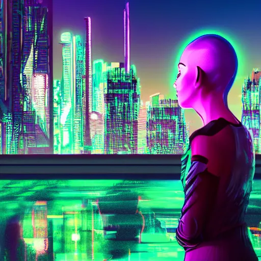 Prompt: cyberpunk city with a woman with a side head shave. city lights of aqua, green, and purple neon lighting, reflections