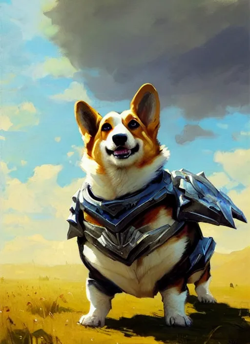 Prompt: Greg Manchess painting of a Corgi Charr from Guild Wars 2 wearing Forerunner Armor from Halo, countryside, calm, fantasy character portrait, dynamic pose, above view, sunny day, artwork by Jeremy Lipkin and Giuseppe Dangelico Pino and Michael Garmash and Rob Rey, very coherent asymmetrical artwork, sharp edges, perfect face, simple form, 100mm
