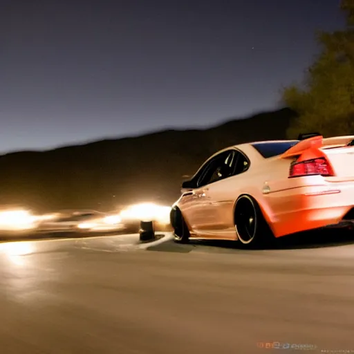 Prompt: JDM cars drifting on Carbon Canyon at night, high speed motion photography