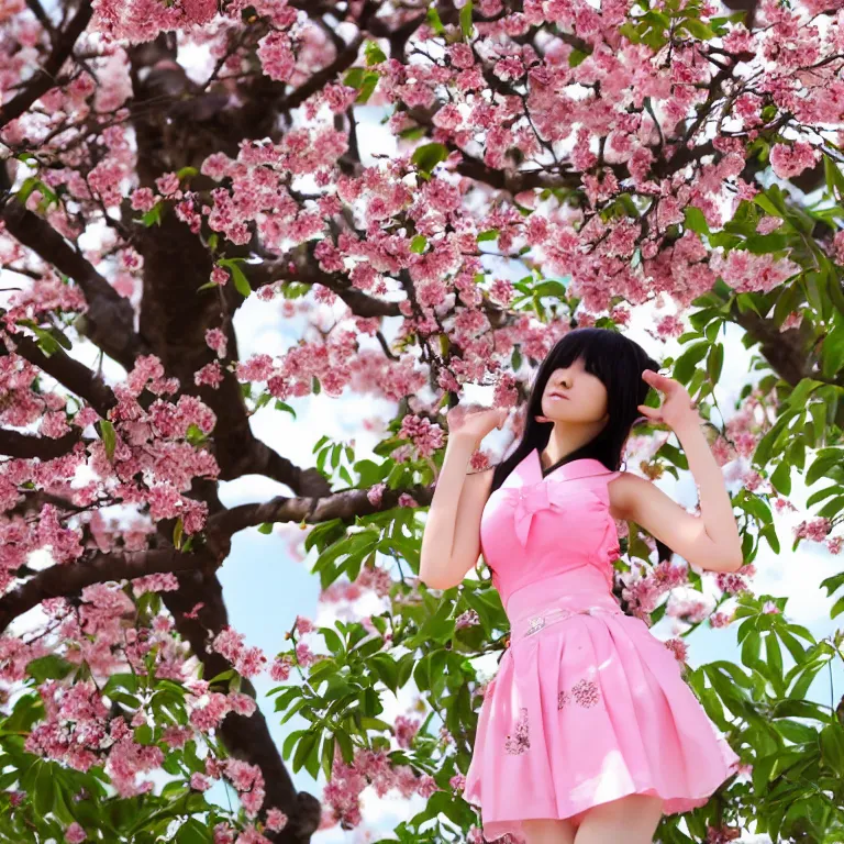 Prompt: Pretty japanese gyaru with Sakura tree blooming on background