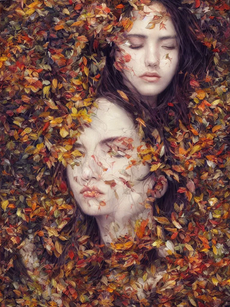 Prompt: a portrait of a woman with serene emotion surrounded by a chaotic tornado of autumn leaves, intricate details, aesthetically pleasing and harmonious natural colors, art by marco mazzoni, impressionism, detailed, dark