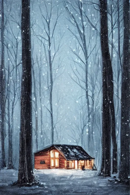 Image similar to snowy forest night scene in a single wooden cabin surrounded by the woods with one illuminated window, horror dark contrast, oil painting