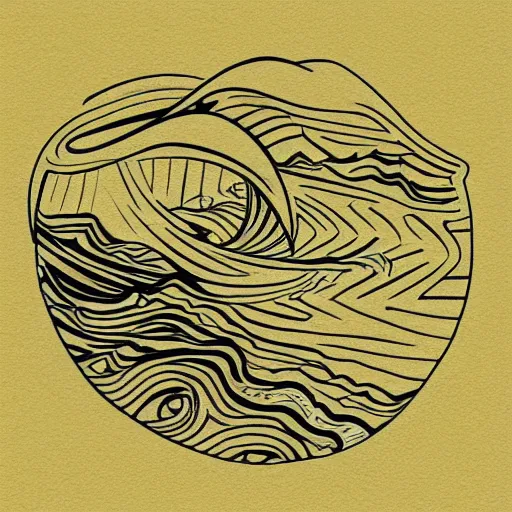 Image similar to tattoo sketch of a ocean, on a yellow paper, ornamental, line art, minimalism