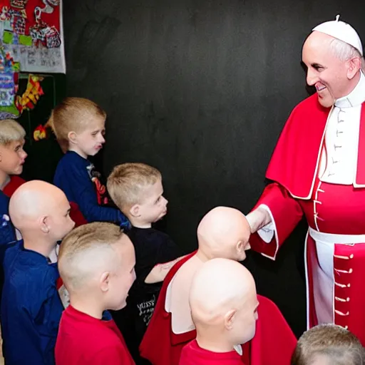 Prompt: The bald pope giving candy to children in a kindergarden