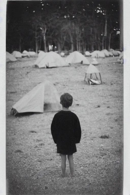 Image similar to photo polaroid of a sad and lonely child stands in the middle many tents of field hospitals, pandemic, covid,loneliness, black and white ,photorealistic, 35mm film,