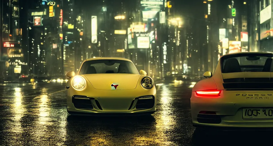 Image similar to close up macro shot of a porsche 9 1 1 car on wet city street at night, intricate, hyper detailed, smooth, high contrast, neon, volumetric lighting, octane, moebius, greg rutkowski, blade runner, ripley scott, cindmatic