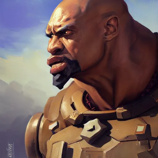 Image similar to greg manchess portrait painting of fully armored the foundation aka dwayne the rock from fortnite as overwatch character, medium shot, asymmetrical, profile picture, organic painting, sunny day, matte painting, bold shapes, hard edges, street art, trending on artstation, by huang guangjian, gil elvgren, ruan jia, greg rutkowski, gaston bussiere