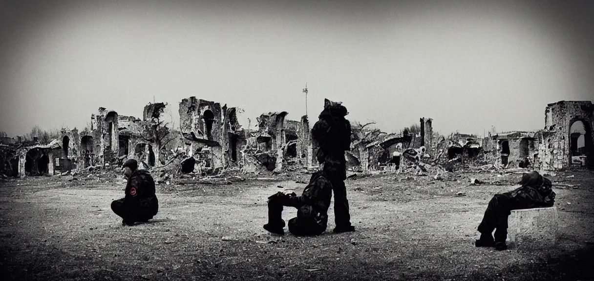 Image similar to “sad soldier, sitting alone, smoking a cigarette, looking at the ruins of his city from a hill”