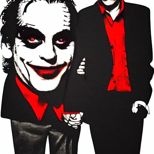 Image similar to mimmo rottela and banksy as joaquin phoenix skinny joker holding hand lady gaga harley queen, ultra photorealistic, intricate details, pop art style, concept art, 3 colors, 4 d, smooth, sharp focus