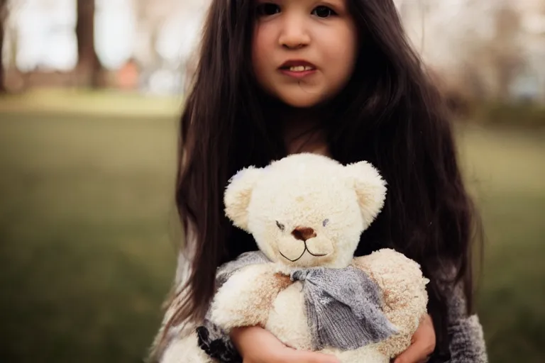 Prompt: canon, 30mm, bokeh, girl holding a teddy bear, snuggly, black hair