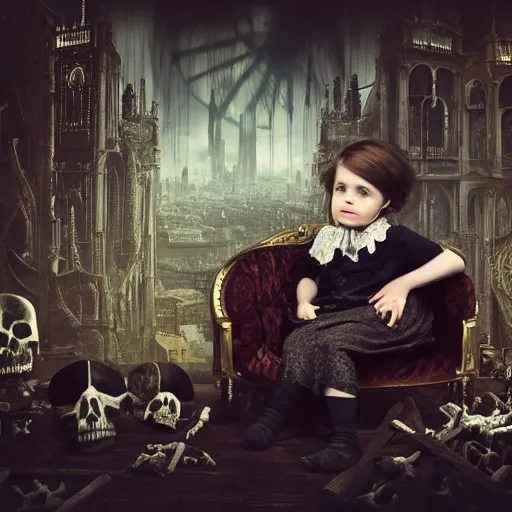 Image similar to a color photo of young sad victorian gothic child with big eyes and wide grin sitting on a sofa of bones surrounded by a cyber futuristic cityscape made of human body parts, ultra detailed, 8 k resolution, beautiful lighting, expansive detailed layered city, landscape, sigma 8 5 mm, award winning photography