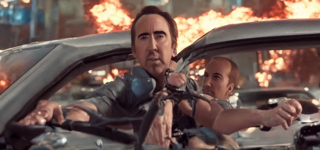 Image similar to nicholas cage in a mario kart, movie still, from the new fast and furious movie, hd, 8 k