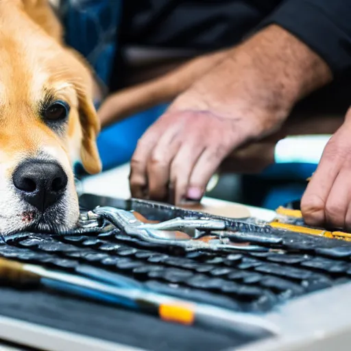 Prompt: detailed photo of a dog fixing an open CPU with tools in hands, dlsr photo