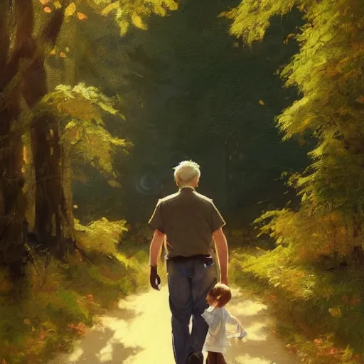 Image similar to A painting of a father and daughter walking through a beautiful forest holding hands, brunette hair, golden hour, art by Kenne Gregoire and Krenz Cushart, Norman Rockwell trending on artstation