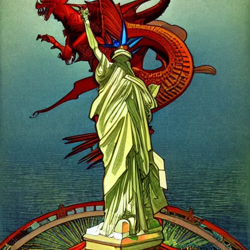 Image similar to Lady Liberty riding the red dragon of china, highly detailed, digital painting, smooth, sharp focus, illustration alphonse mucha
