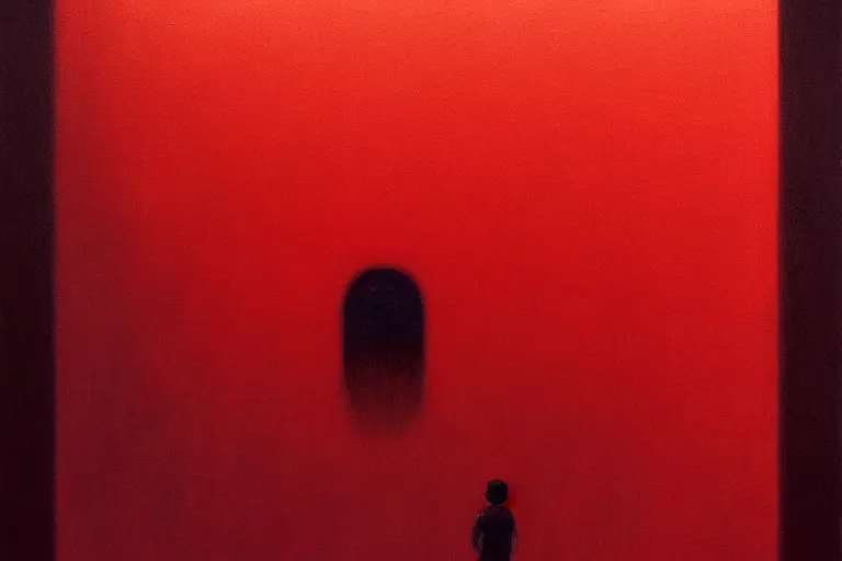 Image similar to only with red, netflix studios with workers at work, a big mickey mouse head in the middle, in the style of beksinski, parts by edward hopper, parts by rodcenko, parts by yue minjun, intricate and epic composition, red by caravaggio, insanely quality, highly detailed, masterpiece, red light, artstation, 4 k