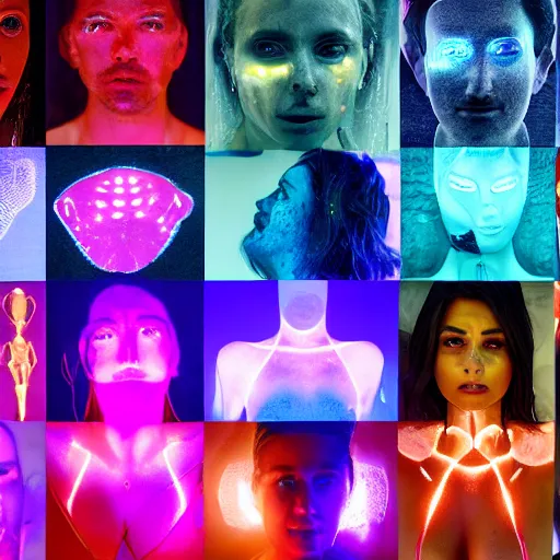 Image similar to diverse groups of humans with glowing electronic body implants projecting amazing images collectively, from behind, rebirth, beauty, wide angle, elaborate, wet, highly detailed, colors, beautiful lighting