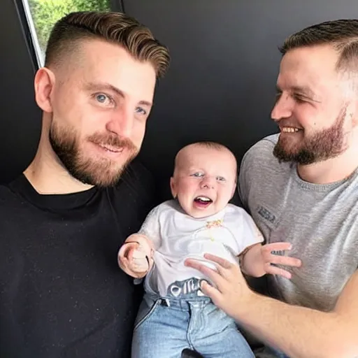 Image similar to a photo of a white man with a mid fade haircut that is happy with his 3 month year old baby boy.