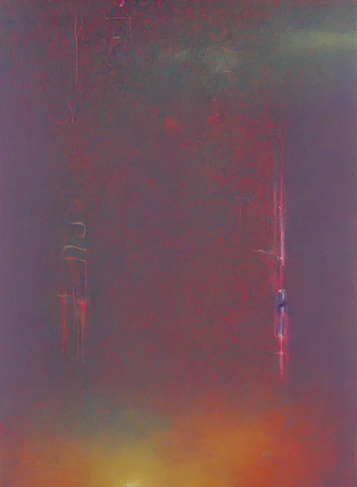 Image similar to the blind liberty of the few, red and purple palette, volume light, fog, by wayne thiebaud by ( h. r. giger ) and paul lehr
