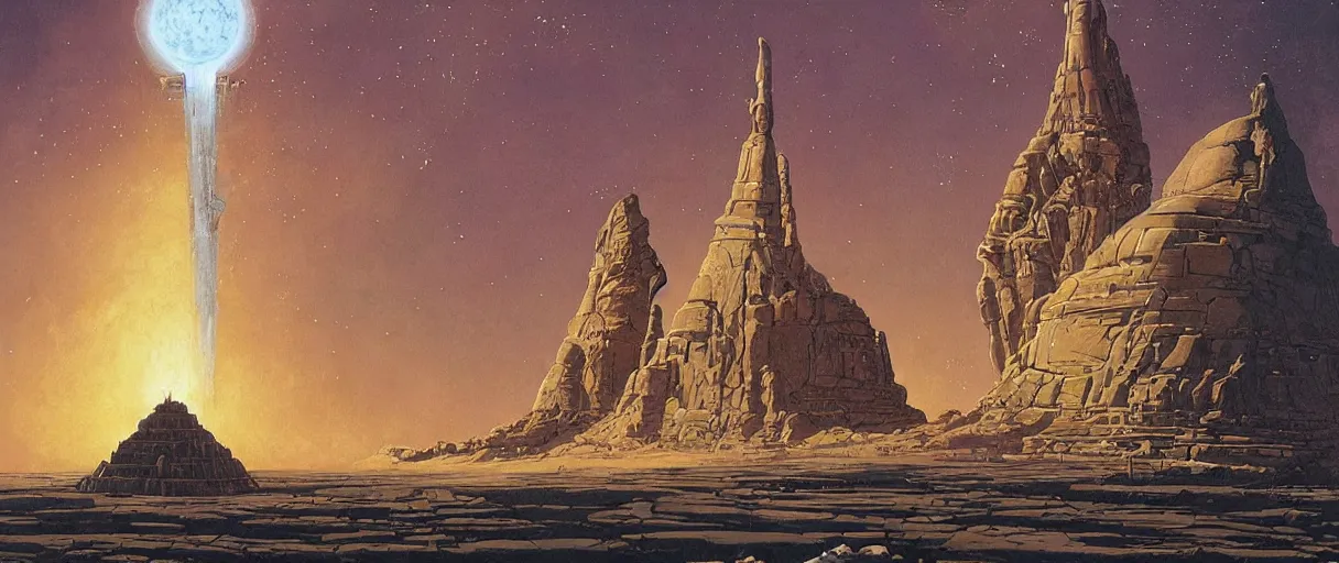 Prompt: A beautiful illustration of an ancient of built by advanced Feline Aliens by Robert McCall and Ralph McQuarrie | sparth:.2 | Time white:.2 | Rodney Matthews:.2 | Graphic Novel, Visual Novel, Colored Pencil, Comic Book:.1 | unreal engine:.3 | first person perspective | viewed from below | establishing shot:.7