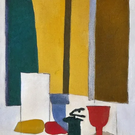 Prompt: a painting by ben nicholson in the style of ivon hitchens, table still life with cards