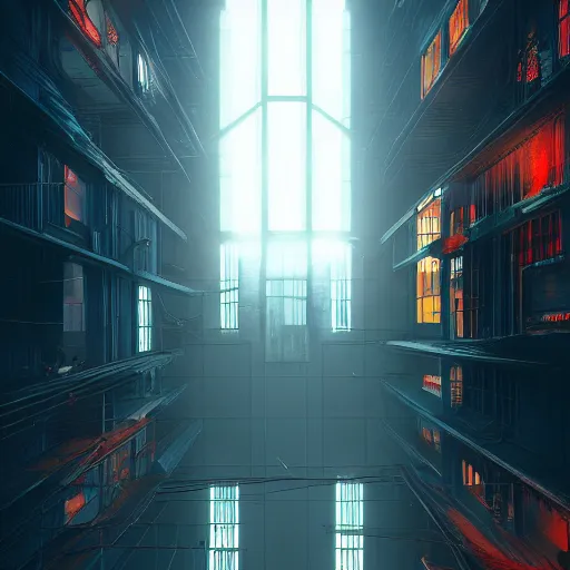 Image similar to One dilapidated building with only one window glowing. ArtStation, Cyberpunk, Vertical Symmetry, 8K, Highly Detailed, Intricate, Album Art.